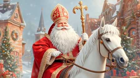 Saint Nicholas in ornate red robe riding white horse through snowy village decorated with Christmas trees and gifts, holiday spirit sceneの素材