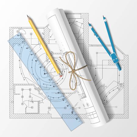 Rolled drafts with a pencil, a ruler and compasses. Vector illustrationのイラスト素材