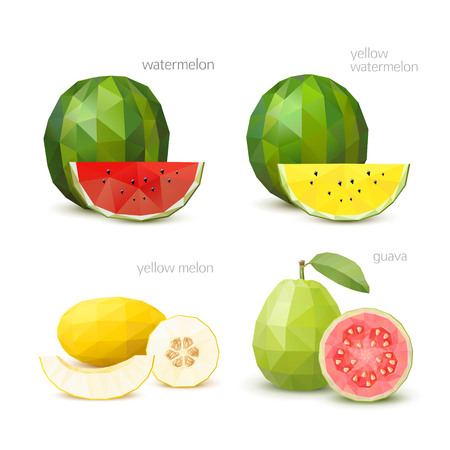 Set of polygonal fruit - watermelon, yellow watermelon, melon, guava. Vector illustrationのイラスト素材