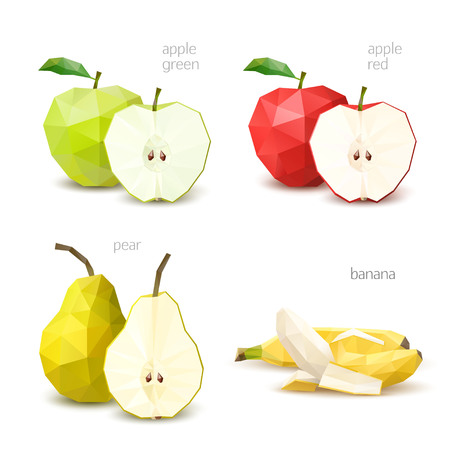Polygonal fruit - green apple, red apple, pear, banana. Vector illustrationのイラスト素材