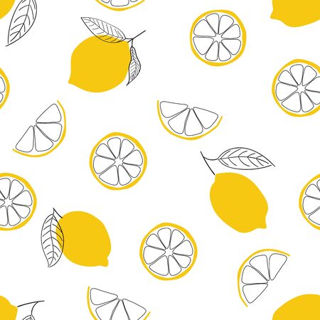 Seamless bright light pattern with Fresh lemons for fabric, drawing labels, print on t-shirt, wallpaper of children's room, fruit background. Slices of a lemon doodle style cheerful background.のイラスト素材
