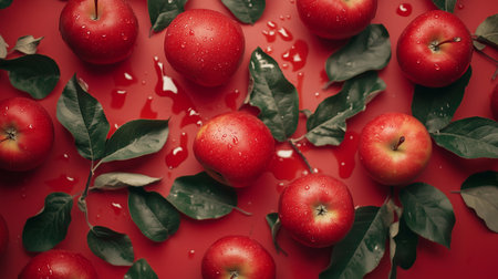 Top view of ripe red apples, juicy photo, suitable for horizontal or vertical formatの素材