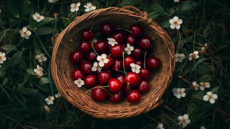 Top view of basket with ripe cherries and cherry blossom on grass,  suitable for horizontal or vertical formatの素材