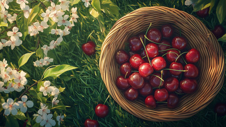 Top view of basket with ripe cherries and cherry blossom on grass,  suitable for horizontal or vertical formatの素材