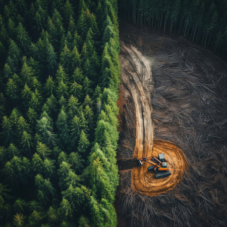 Aerial view of a forest being cleared by heavy machinery, with dense green trees on one side and barren land with tree stumps on the otherの素材