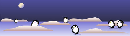 Penguins in the night winter landscape, cartoon Merry christmas and happy new year postcard, banner design, vector graphic illustration. December holiday background, wallpaper.のイラスト素材