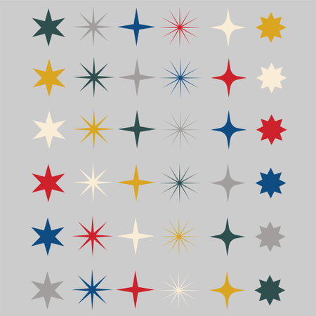 Set of colorful stars and snowflakes on gray background. Christmas vector illustration. Design for banner postcard. Happy new year symbol. Bright shiny decoration for winter.のイラスト素材