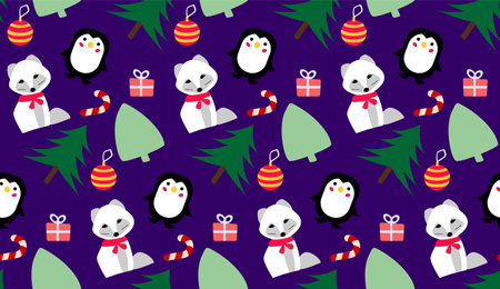 Vector graphic seamless pattern, cartoon illustration with penguin, white fox, christmas tree, cande and gift box in dark blue background. Design for textile, fabric, poster, bannerのイラスト素材