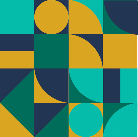 Geometric minimalistic background with simple shapes of retangle, circle, triangle for wed banner, poster, presentation, print, fabric. Abstract vector art in intensive colors.のイラスト素材