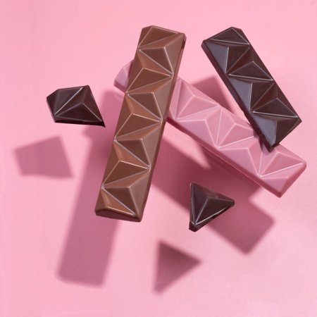 Set of colored chocolate on a pink background. Flying chocolate casts shadowsの写真素材