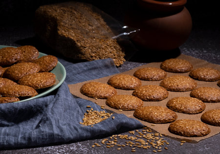 Sesame cookies baking at home . Home-made healthy foodの写真素材