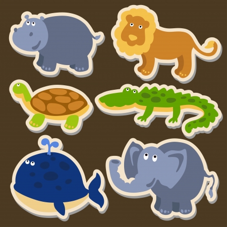 Vector illustration of cute animal set including hippopotamus, lion, turtle, crocodile, whale and elephantのイラスト素材