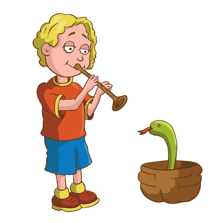 Boy with a pipe and a snake in a basket - cartoon vector illustrationのイラスト素材