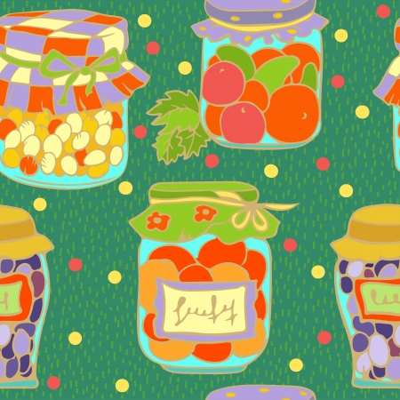 Jars with vegetables and fruits-vector seamless patternのイラスト素材