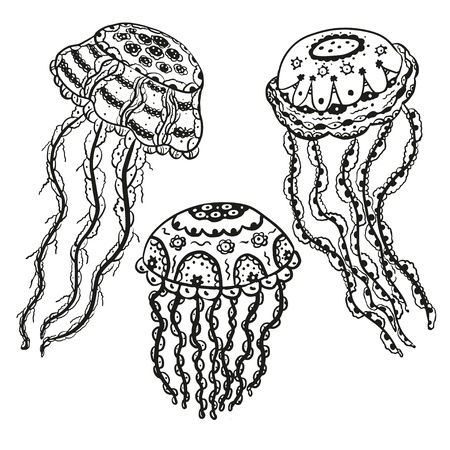  Set isolated black jellyfish on a white background-vectorのイラスト素材