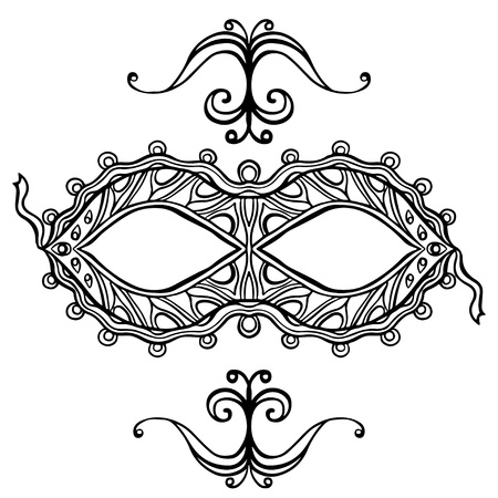 Black line ornate carnival mask and vignettes on a white backgroundのイラスト素材