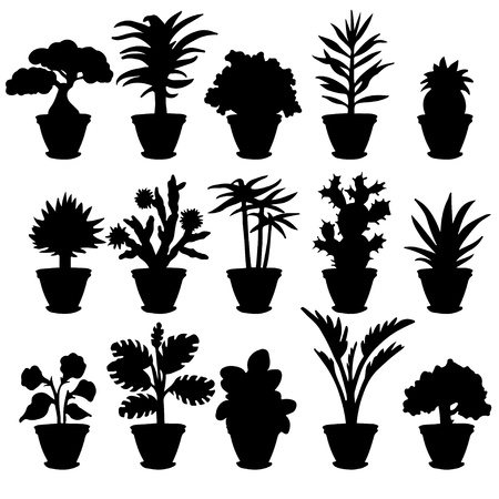 Set black silhouette various houseplants and flowers on a white background のイラスト素材