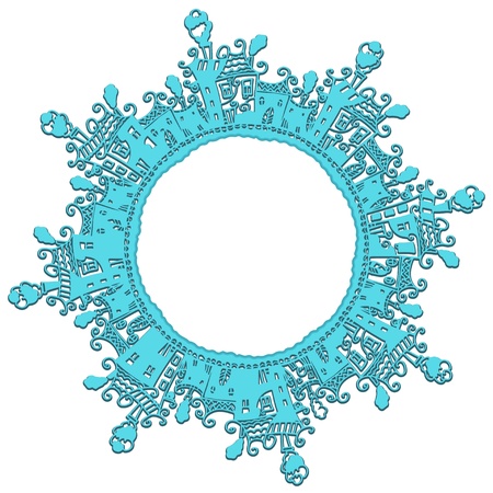 Blue frame with panorama of the city isolated on white backgroundのイラスト素材