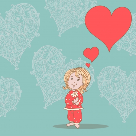 Cute girl with flower and hearts のイラスト素材