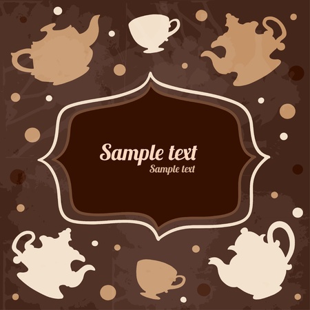 Background with tea cups, kettles, frame and space for text - vectorのイラスト素材