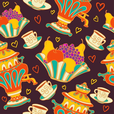 Colorful seamless pattern with russian samovar, bowl of fruit and teacups のイラスト素材