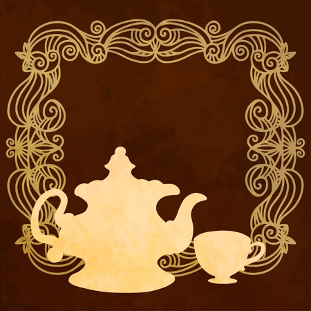 Background with teacup, teapot, frame and space for text のイラスト素材