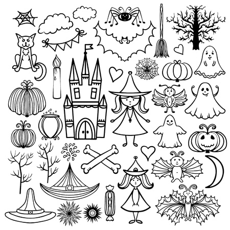 Halloween icons isolated set with pumpkin, broom, castle, trees, fairies, witches, bats, spider, cat, dice, hats, trees, hearts, stars, web, pot, candle, candy, flags, month - vectorのイラスト素材