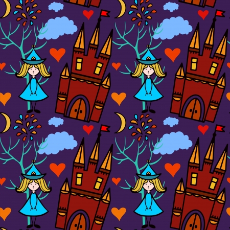 Halloween seamless pattern with castle, fairy, fireworks, heart, trees - vectorのイラスト素材
