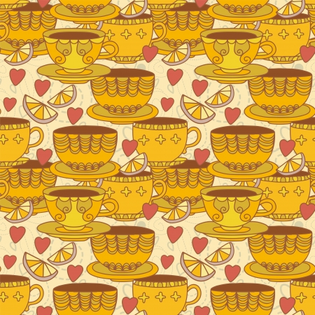Seamless pattern with cups, lemons and  hearts - vectorのイラスト素材