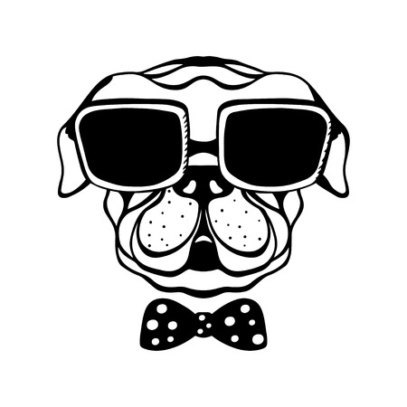 Dog with a bow and glasses isolated in black and white - vectorのイラスト素材