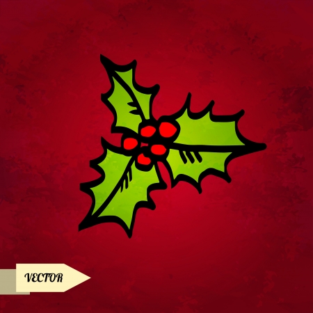 Holiday Christmas background with icon holly berry isolated on grunge paper texture background Doodle cartoon drawing illustration Vintage Retro style - vectorのイラスト素材