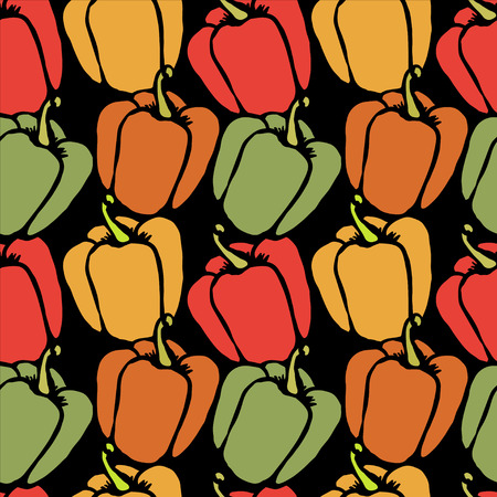 Bell pepper Doodle, cartoon drawing illustration on black background Seamless pattern Vegetables Food background  - vectorのイラスト素材