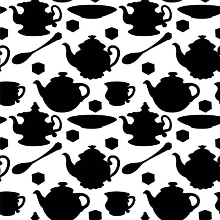 Seamless pattern with teapots, cups, mugs, spoons, saucers and sugar in Black silhouetteのイラスト素材