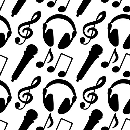 Seamless Pattern with Music Notes, Treble Clef, Microphone, Headphones in Black and White - vector のイラスト素材