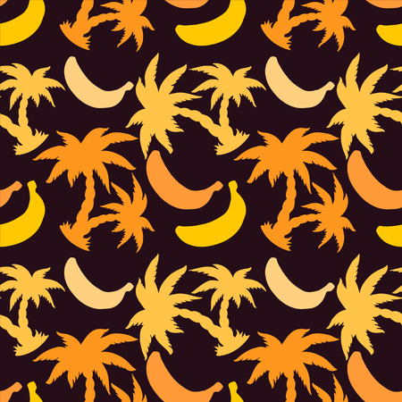 Seamless Pattern with Silhouette Coconut Palm Trees and Bananas - vectorのイラスト素材