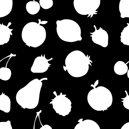 Seamless Pattern with Silhouette Fruits and Berries  Apples  Lemons  Pomegranate  Strawberries  Cherry  Raspberries in Black and White - vector のイラスト素材