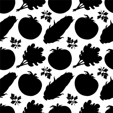Seamless pattern with silhouettes vegetables  Tomato  Parsley  Salad  Corn in black and white - vectorのイラスト素材