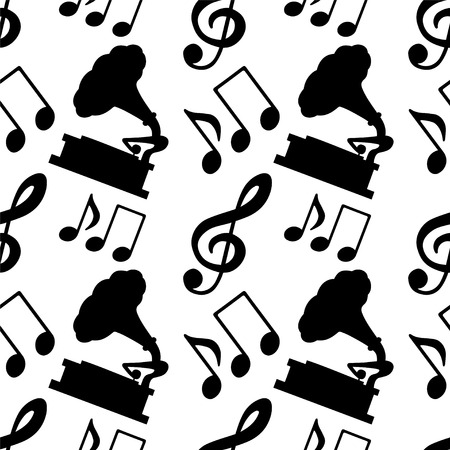 Musical seamless pattern with music notes, treble clef, gramophone in black and white - vector のイラスト素材