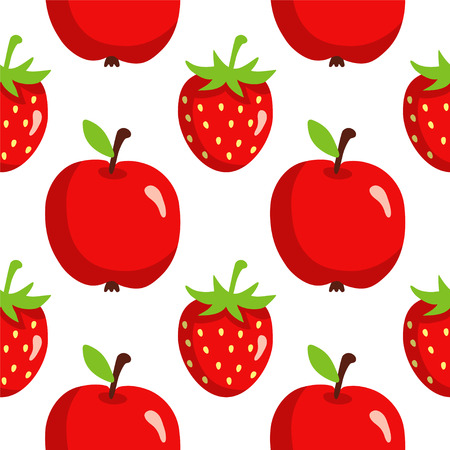Seamless pattern with cartoon strawberries and apples on a white background - vectorのイラスト素材