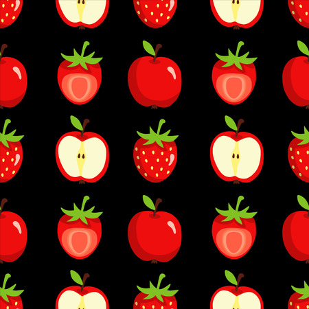 Seamless pattern with cartoon apples and strawberries on a black background - vectorのイラスト素材