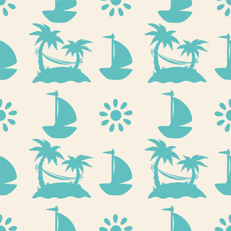 Seamless pattern with silhouettes coconut palm trees. Endless print silhouette texture. Summer. Hammock. Yacht. Sun. Retro. Vintage style - vectorのイラスト素材