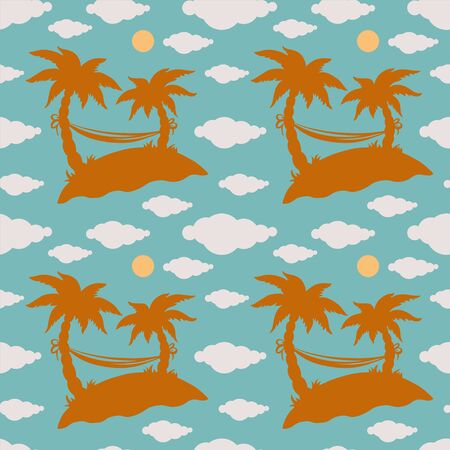 Seamless pattern with silhouettes coconut palm trees. Endless print silhouette texture. Summer. Hammock. Clouds. Sun. Retro. Vintage style - vectorのイラスト素材