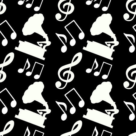 Musical seamless pattern with music notes, treble clef, gramophone in black and white - vectorのイラスト素材