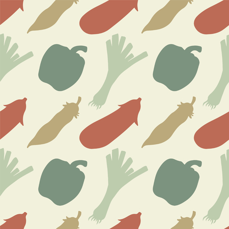 Seamless pattern with silhouettes vegetables. Pepper. Cucumber. Onion. Leek. Pea pod. Eggplant. Endless Print Silhouette Texture. Hand Drawing. Retro. Vintage Style - vectorのイラスト素材