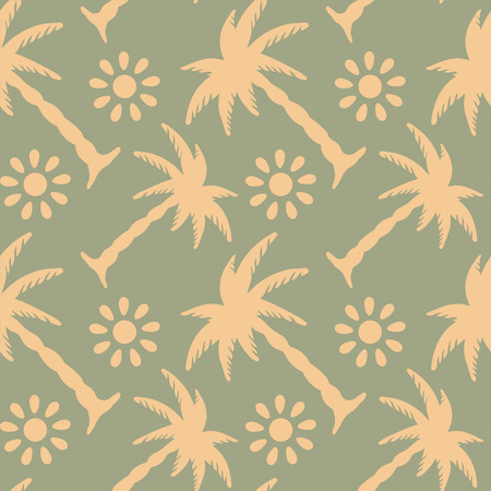 Seamless Pattern with Coconut Palm Trees and Sun in Pastel Colors. Endless Print Silhouette Texture. Ecology. Forest. Jungle. Hand Drawing. Retro. Vintage Style - vectorのイラスト素材