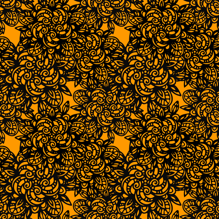 Abstract seamless pattern with flowers in black and gold. Lace floral background. Endless print texture. Line art - vectorのイラスト素材