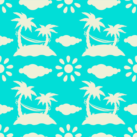 Seamless pattern with silhouettes tropical coconut palm trees, hammock, sun, clouds, island. Blue...