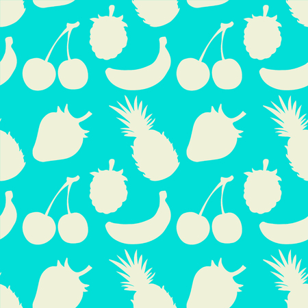 Abstract floral seamless pattern with white silhouettes fruits and berries on a blue background. Pineapple. Strawberry. Cherry. Raspberry. Banana. Endless print textureのイラスト素材