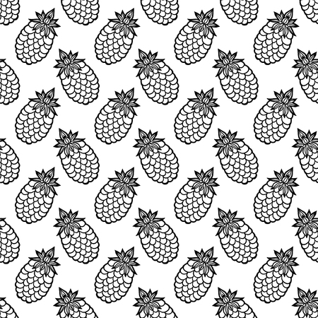 Abstract floral seamless pattern with cartoon pineapples in black and white. Fruits repeating background. Endless print texture. Fabric design. Wallpaper - vectorのイラスト素材