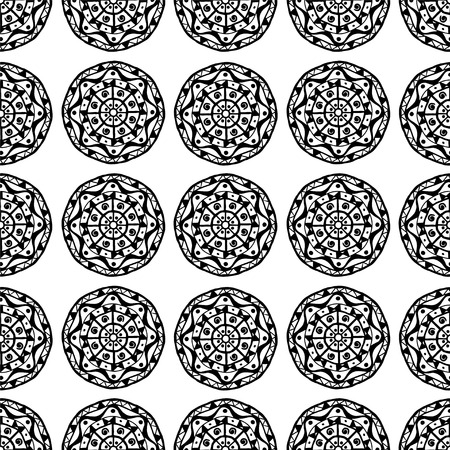 Abstract decorative ethnic seamless pattern. Aztec monochrome ornament. Black and white. Circles.Tribal art. Lace, folk, geometric background. Endless print textureのイラスト素材